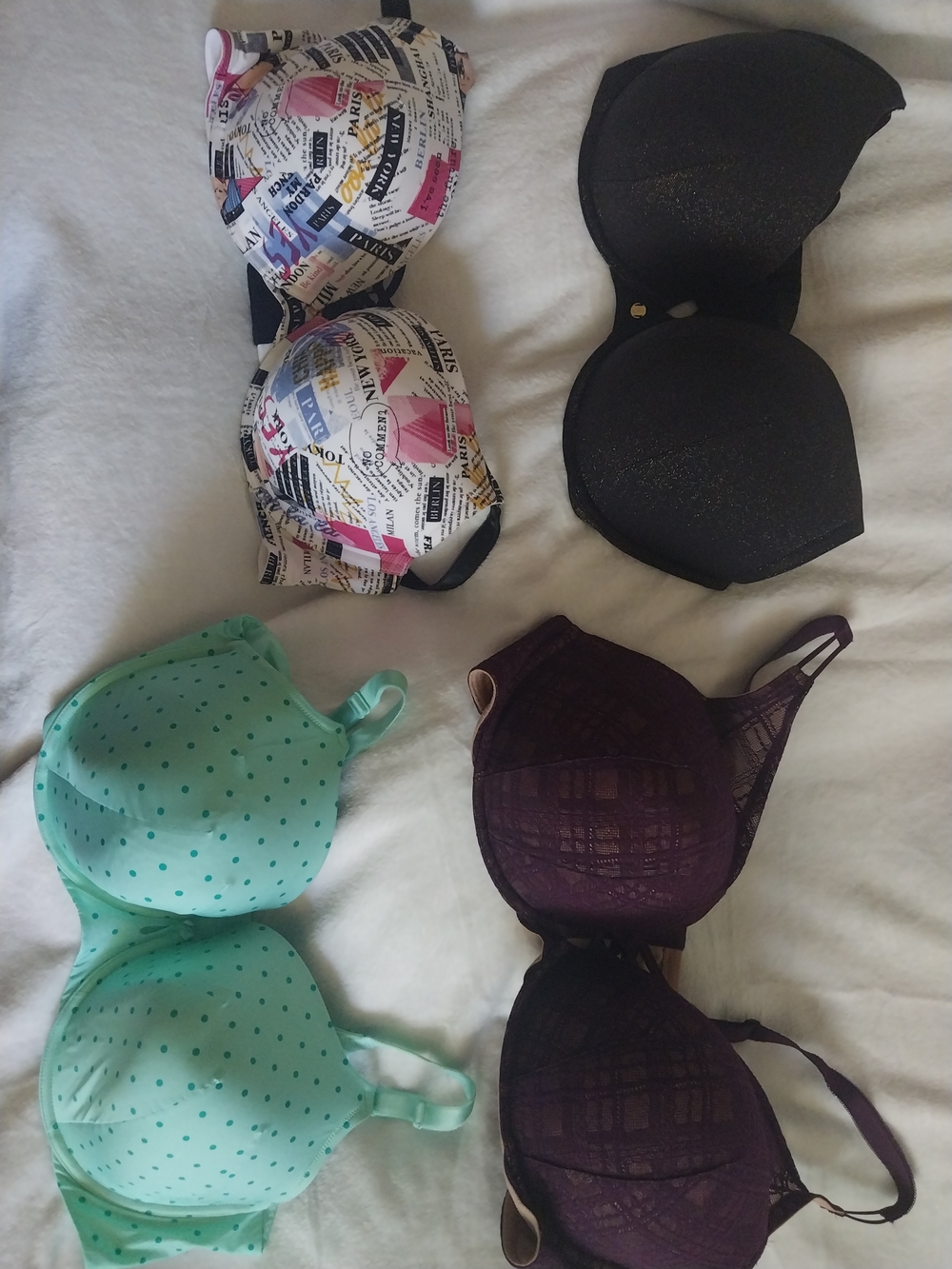 Set of Four Women's Bras in Black, Mint, Newspaper Print & Plum